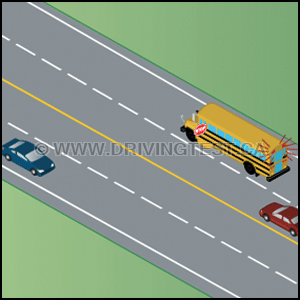Test 2 - À quel moment est-il permis de continuer à dépasser un autobus scolaire dont les feux clignotants et le dispositif d'avertissement sont activés et que vous conduisez vers l'autobus scolaire par l'avant ?