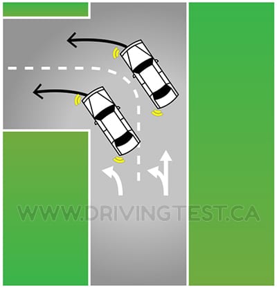 Test 1 - Sur une route où deux voies tournent à gauche et que vous devez tourner à gauche, que devez-vous faire ?